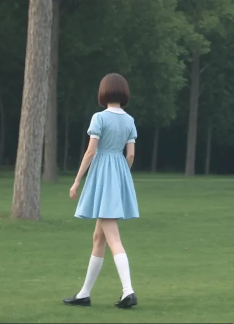 score_6_up BREAK photo, irl, realistic BREAK vhs, screencap, 1girl, dress, outdoors, short hair, grass, brown hair, socks, white socks, tree, black footwear, blue dress, water, short sleeves, full body, standing, bob cut, walking, nature, shoes, from side, day