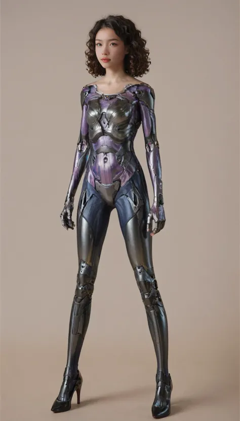 1girl, stand, full body, high heels, cyborg, simple background, Curly, realstic, photorealistic, masterpiece, best quality, 8k, score_9, score_8_up, score_7_up,