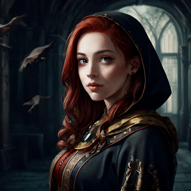 kkw-detailMe-v1.0 kkw-ph1 , (hayl3y-001, woman with (auburn-hair), olive-green-eyes. fcHeatPortraitat) holographic-clothing, <lora:EgyptPunkAISD15p:0.41> egyptpunkai, scifi, BREAK solo, half shot, looking at viewer, detailed background, detailed face, (victorian theme:1.1) sad, ethereal soul reaper, hooded, dark clothes, arm reaching towards viewer, rot, floating particles, cold, crypt in background, ravens in background, mist, sinister dark atmosphere,