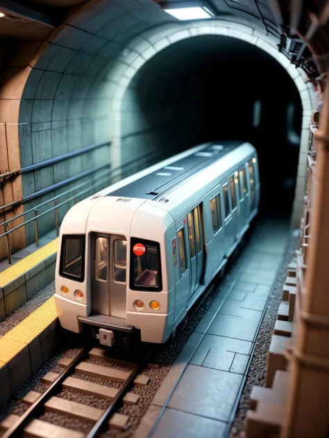 aerial isometric view of a japanese subway train inside a subway tunnel 