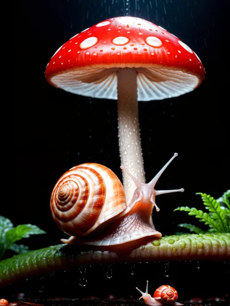 A snail taking shelter from the rain under a red mushroom with white spots