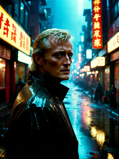 Young Rutger Hauer as Batty from Blade Runner posing in the rain in cyberpunk chinatown