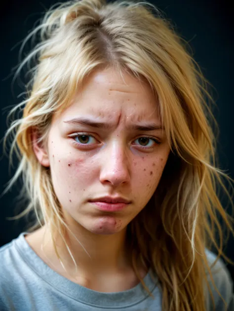 portrait of a tired college student female with messy hair and no makeup