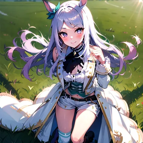 masterpiece, 8k wallpaper, best quality, 1girl, MejiroMcQueen, <lora:MejiroMcQueen>, smile, blush, looking at the viewer, grass,