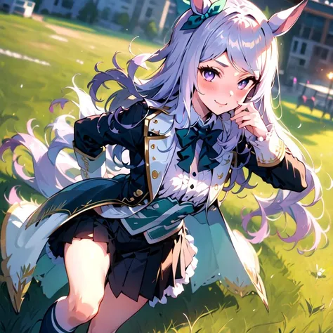 masterpiece, 8k wallpaper, best quality, 1girl, MejiroMcQueen, <lora:MejiroMcQueen>, smile, blush, looking at the viewer, grass, black skirt:1, green bow tie,