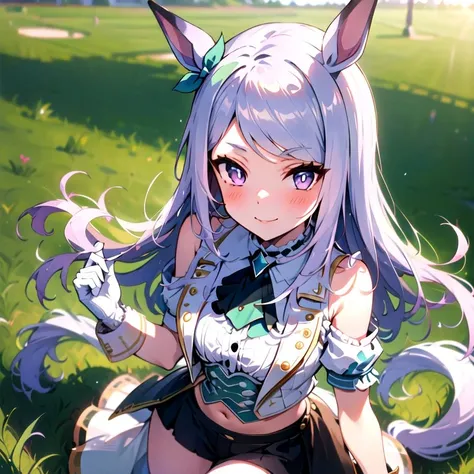masterpiece, 8k wallpaper, best quality, 1girl, MejiroMcQueen, <lora:MejiroMcQueen>, smile, blush, looking at the viewer, grass,