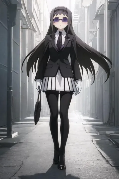best quality, masterpiece, highres, solo, {black business suit:1.40}, {tie:1.20}, {sunglasses:1.25}, {white gloves:1.15}, {white shirt:1.10}, {black skirt:1.15}, {smoking:1.20}, handsome, {akemi_homura_puellamagimadokamagica:1.15}, black_hair, long_hair, hairband, purple_eyes, blush