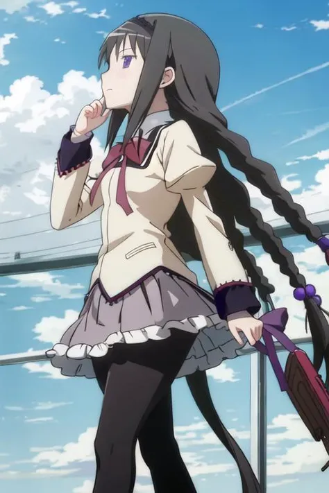 best quality, masterpiece, highres, solo, {akemi_homura_puellamagimadokamagica:1.15}, black_hair, long_hair, hairband, purple_eyes, blush, 1girl, blue_sky, bow, day, looking_at_viewer, mitakihara_school_uniform, school_uniform, sky, anime_coloring, cloud, upper_body, official_style