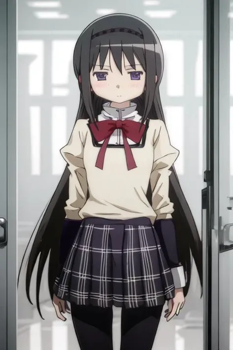 best quality, masterpiece, highres, solo, {akemi_homura_puellamagimadokamagica:1.15}, black_hair, long_hair, hairband, purple_eyes, blush, 1girl, bow, jewelry, mitakihara_school_uniform, ring, school_uniform, parody, closed_eyes, window