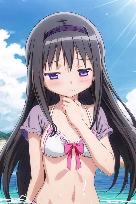 masterpiece, best quality,ultra detail, <lora:anmnr01:0.3> <lora:add_detail:0.5>,<lora:GoodHands-vanilla:0.8>,1girl,akemi_homura_puellamagimadokamagica <lora:akemi_homura_puellamagimadokamagica:0.7>,blush,in water,wet,splash water,beach,(white bikini),shy pose <lora:sensualface_type1:1>,close up,dutch angle,upper body, face focus,looking up viewer