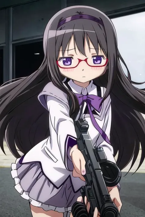 masterpiece, best quality,ultra detail, <lora:anmnr01:0.3> <lora:add_detail:0.5>,<lora:GoodHands-vanilla:0.8>, akemi_homura_puellamagimadokamagica <lora:akemi_homura_puellamagimadokamagica:0.8>black_hair, long_hair, hairband, purple_eyes, blush,sideview,leaning forward,close up,hold gun, aiming