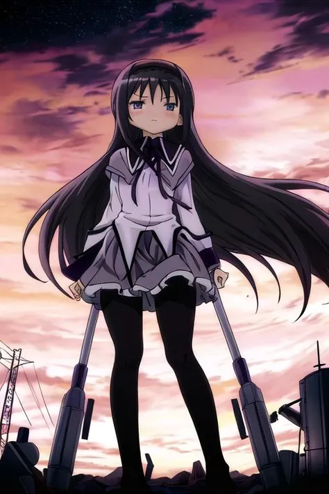 masterpiece, best quality,ultra detail, <lora:anmnr01:0.3> <lora:add_detail:0.5>,<lora:GoodHands-vanilla:0.8>, akemi_homura_puellamagimadokamagica <lora:akemi_homura_puellamagimadokamagica:0.8>black_hair, long_hair, hairband, purple_eyes, ,sideview,leaning forward,close up,serious,outdoor,strong wind,cinematic angle.from below,pantyhose,bazooka,missile,bomb