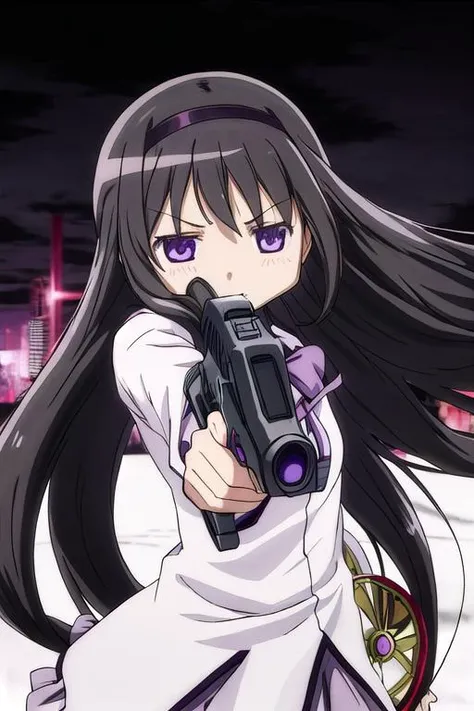 masterpiece, best quality,ultra detail, <lora:anmnr01:0.3> <lora:add_detail:0.5>,<lora:GoodHands-vanilla:0.8>, akemi_homura_puellamagimadokamagica <lora:akemi_homura_puellamagimadokamagica:0.8>black_hair, long_hair, hairband, purple_eyes, ,sideview,leaning forward,close up,hold gun, aiming,serious,outdoor,strong wind,cinematic angle.from below