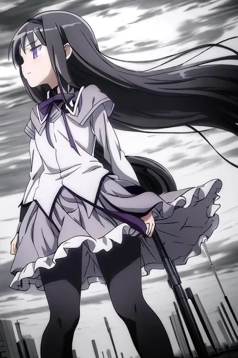 masterpiece, best quality,ultra detail, <lora:anmnr01:0.3>  <lora:add_detail:0.5>,<lora:GoodHands-vanilla:0.8>,  akemi_homura_puellamagimadokamagica <lora:akemi_homura_puellamagimadokamagica:0.8>black_hair, long_hair, hairband, purple_eyes, ,sideview,leaning forward,close up,serious,outdoor,strong wind,cinematic angle.from below,pantyhose,aiming bazooka,missile,bomb