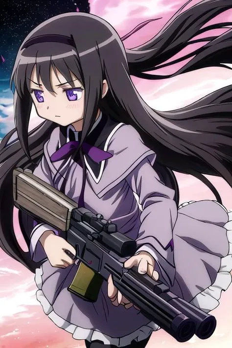 masterpiece, best quality,ultra detail, <lora:anmnr01:0.3>  <lora:add_detail:0.5>,<lora:GoodHands-vanilla:0.8>,  akemi_homura_puellamagimadokamagica <lora:akemi_homura_puellamagimadokamagica:0.8>black_hair, long_hair, hairband, purple_eyes, ,sideview,leaning forward,close up,hold gun, aiming,serious