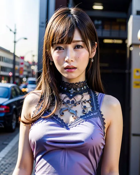 a woman posing on the street corner with light purple dress on, best quality, high res, 8k, 1girl, (huge breasts), day, bright, outdoor, (street:0.8), (people, crowds:1), (lace-trimmed dress:1.5, purple clothes:1.5, purple high-neck dress:1.5, sleeveless dress, light purple cloths 1.5), gorgeous, (bangs, long hair:1.5), beautiful detailed sky, beautiful earrings, (dynamic pose:0.8), (upper body:1.2), soft lighting, wind, shiny skin, looking at viewer, sad, crying, tears,  <lora:JAV_Aki_S_v1.0:0.0.65>