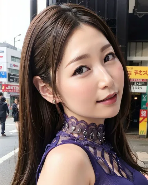 a woman posing on the street corner with light purple dress on, best quality, high res, 8k, 1girl, (huge breasts), day, bright, outdoor, (street:0.8), (people, crowds:1), (lace-trimmed dress:1.5, purple clothes:1.5, purple high-neck dress:1.5, sleeveless dress, light purple cloths 1.5), gorgeous, (forehead, long hair:1.5), beautiful detailed sky, beautiful earrings, (dynamic pose:0.8), (upper body:1.2), soft lighting, wind, shiny skin, looking at viewer, smile, closed mouth, <lora:JAV_Aki_S_v1.0:0.0.65>