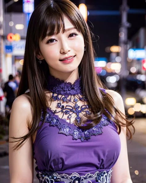 a woman posing on the street corner with light purple dress on, best quality, high res, 8k, 1girl, (huge breasts), day, bright, outdoor, (street:0.8), (people, crowds:1), (lace-trimmed dress:1.5, purple clothes:1.5, purple high-neck dress:1.5, sleeveless dress, light purple cloths 1.5), gorgeous, (bangs, long hair:1.5), beautiful detailed sky, beautiful earrings, (dynamic pose:0.8), (upper body:1.2), soft lighting, wind, shiny skin, looking at viewer, smile, <lora:JAV_Aki_S_v1.0:0.0.65>