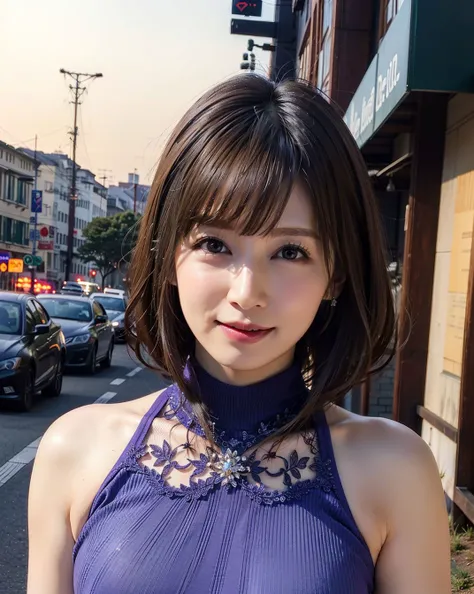 a woman posing on the street corner with light purple dress on, best quality, high res, 8k, 1girl, (), day, bright, outdoor, (street:0.8), (people, crowds:1), (lace-trimmed dress:1.5, purple clothes:1.5, purple high-neck dress:1.5, sleeveless dress, purple cloths 1.5), gorgeous, (swept bangs, short hair:1.5), beautiful detailed sky, beautiful earrings, (dynamic pose:0.8), (upper body:1.2), soft lighting, wind, shiny skin, looking at viewer, smile, closed mouth, <lora:JAV_Aki_S_v1.0:0.0.65>