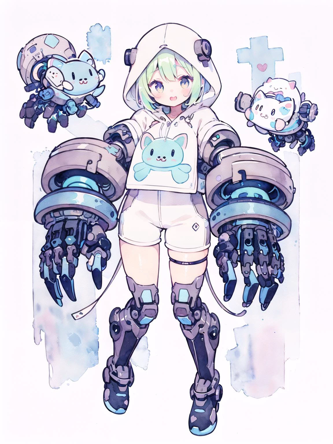 (cute illustration:1.5),(fuwafuwa illustration:1.4),(pastel colors:1.4), (watercolor:1.2),(cute,kawaii,sweet,pop:1.2),
(1girl:1.4),oversized hooded jacket, bodysuit, cyborg girl,cat,
gigantic mechanical arms,
<lora:MechanicalArms_v01:0.5>