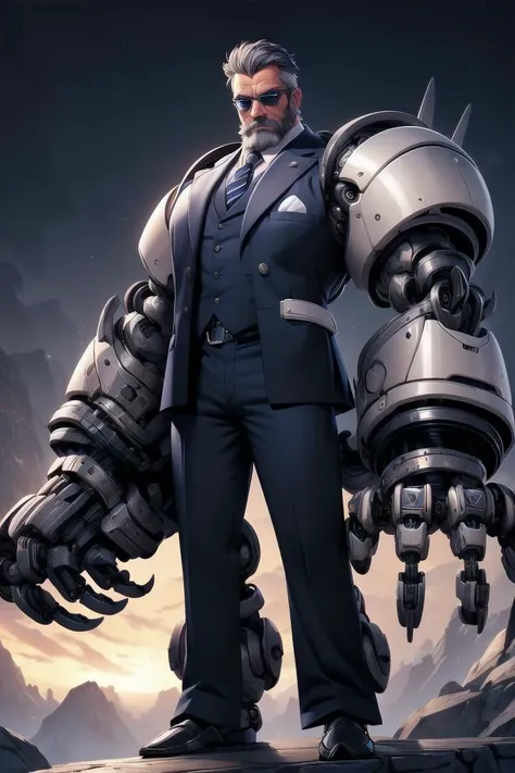 absurdres, highres, ultra detailed, (one middle aged handsome man:1.3),solo, (elderly gentleman:0.8), Suited gentleman, night,white gloves,sunglasses, looking at viewer,cowboy shot, BREAK (gigantic mechanical arms:1.3) , <lora:add_detail:0.8>, <lora:_L2090:0.4>, <lora:MechanicalArms_v01:0.9>