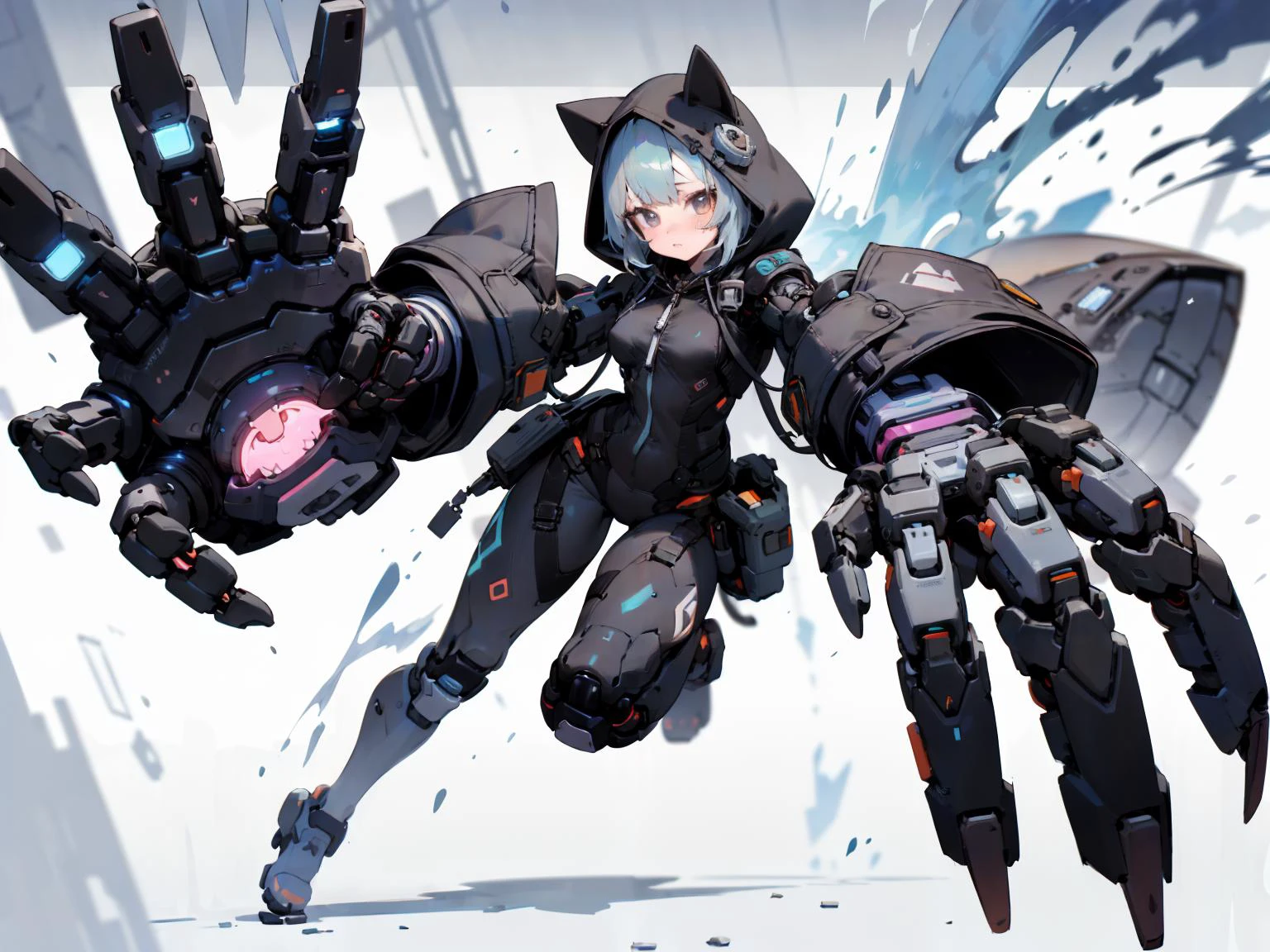absurdres, highres, ultra detailed, (cute,kawaii:1.2),
(1girl:1.4),oversized hooded jacket, bodysuit, cyborg girl,cat,
hyper gigantic mechanical arms,dynamic pose,
nice hands, perfect hands, <lyco:GoodHands-beta2:1.0>
<lora:MechanicalArms_v01:0.5>