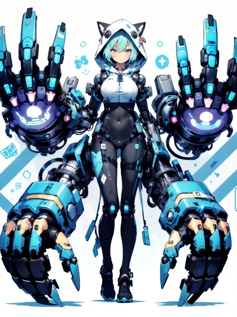 absurdres, highres, ultra detailed, (cute illustration:1.5), (cute,kawaii,sweet:1.2),
(1girl:1.4),oversized hooded jacket, bodysuit, cyborg girl,cat,
hyper gigantic mechanical arms,dynamic pose,
nice hands, perfect hands, <lyco:GoodHands-beta2:1.0>
<lora:MechanicalArms_v01:0.6>