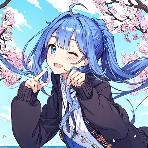 <lora:Priscilla:0.8>,Priscilla,1girl,super fine illustration,masterpiece,best quality,cardigan,leaning_forward,;d,close one eye,touch one's lips,upper_body,in spring,sky,
