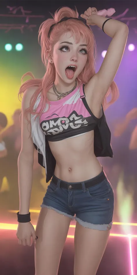 young 1990s style raver woman, hyperactive, high, excited, pleasure, <lora:ahegao-x-v4:0.5> at a rave, <lora:improve_backgrounds:0.85>,