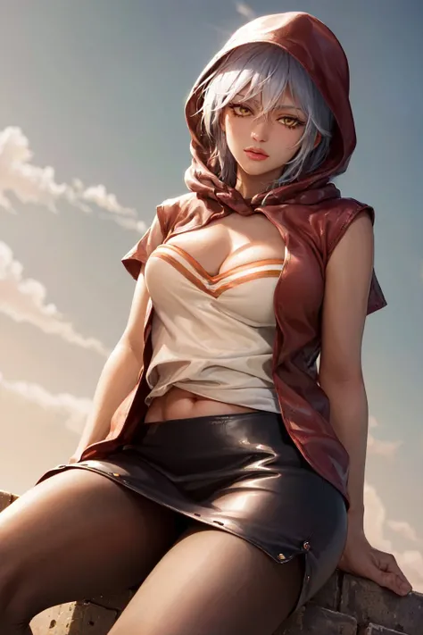 (masterpiece, best quality:1.2), <lyco:jojo_mariah-11:1.0>, cowboy shot, solo, 1girl, mariah \(jojo\), dark skin, dark-skinned female, expressionless, sitting, hood, yellow eyes, skirt, pantyhose, midriff, cleavage