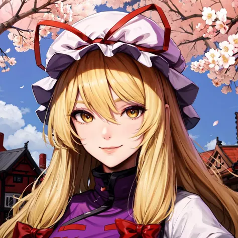 (anime, cartoon), face portrait, yellow eyes, absurdres, 1girl, detailed eyes, highly detailed face, hair between eyes, (blond hair)+(long hair)+(mob cap)+(red tress ribbon), (flat chest:1.1), yakumo yukari, (purple tabard), light smile, happy, <lora:YakumoYukari_01:0.7> <lora:yukari:0.4> cherry blossoms and buildings