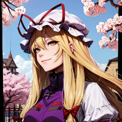 looking to the side, (anime, cartoon), face portrait, yellow eyes, absurdres, 1girl, detailed eyes, highly detailed face, hair between eyes, (blond hair)+(long hair)+(mob cap)+(red tress ribbon), (flat chest:1.1), yakumo yukari, (purple tabard), smug, smirk, <lora:YakumoYukari_01:0.8> <lora:yukari:0.5> cherry blossoms and buildings