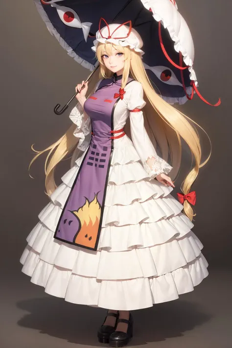 masterpiece, best quality, <lora:yukari:1>,1girl, yakumo yukari, solo, long hair, umbrella, blonde hair, hat, purple eyes,( gap (touhou):1.2), ribbon, dress, very long hair, hat ribbon, tabard, parasol, frills, wide sleeves, smile, bow, breasts,looking at viewer, yin yang, hair bow, long sleeves, large breasts, mob cap, frilled dress, trigram, white dress,(grey background:1.2), simple background, full body