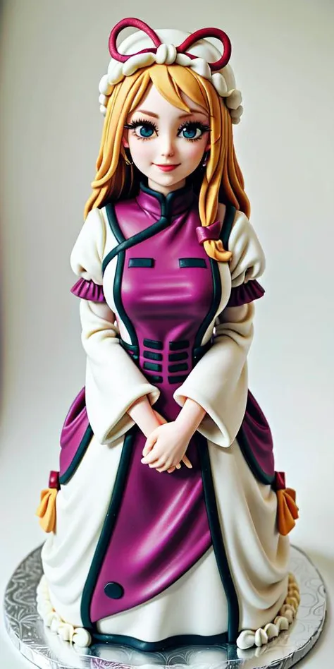 <lora:WhippedCreamTopStyle:0.2> WhippedCreamTopStyle,(CakeStyle:1.5) <lora:yukari:1> dress, Marzipan cake shaped like yakumo yukari dress. <lora:CakeStyle:0.55>,hat, blonde hair,long hair,(long dress:1.5),ribbon, hat ribbon, purple eyes,bow, mob cap, frills, long sleeves, tabard, wide sleeves, hair bow, white dress,(white background, simple background:1)
BREAK
smile, looking at viewer,(gigantic breasts:1)