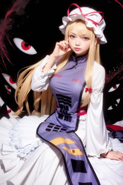 masterpiece, best quality, <lora:yukari:1>,mature female,1girl, solo, yakumo yukari, hat, blonde hair, long hair, hand fan, gap (touhou), ribbon, hat ribbon, folding fan, breasts, large breasts, tabard, smile, long sleeves, dress, mob cap, hair bow, puffy sleeves, bow, orange eyes, looking at viewer, yellow eyes, juliet sleeves, white dress, hair ribbon, very long hair, red eyes