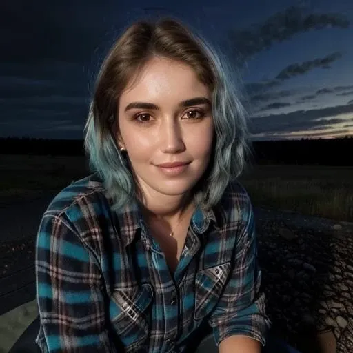 CaY a woman about 25 years old, (wearing flannel shirt and blue jeans), (shirt slightly unbuttoned), (medium length shaggy hair), (blue hair), dyed hair, medium length hair, pale skin, (brown eyes), elegant, she is smiling, ((at dusk with dark evening sky)), face lit by firelight, ((sitting next to a campfire)), ((cabin in the background)), beautiful, masterpiece, studio lighting, best quality, (detailed face, detail skin texture, ultra-detailed body) (photorealistic), ((full body view)) <lora:CaY:.85>