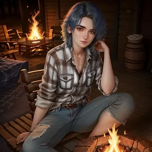 CaY a woman about 25 years old, (wearing flannel shirt and blue jeans), (shirt slightly unbuttoned), (medium length shaggy hair), (blue hair), dyed hair, medium length hair, pale skin, (brown eyes), elegant, she is smiling, ((at dusk with dark evening sky)), face lit by firelight, ((sitting next to a campfire)), ((cabin in the background)), beautiful, masterpiece, studio lighting, best quality, (detailed face, detail skin texture, ultra-detailed body) (photorealistic), ((full body view)) <lora:CaY:.85>