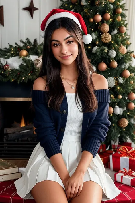 beautiful woman (EP33sh4:.99),1girl, black undershirt, blue hairband, blue neckerchief, book, cardigan, christmas tree, closed mouth, crossed bangs, fire, fireplace, grey cardigan, hairband, highres, holding, holding book, jewelry, long hair, long skirt, long sleeves, looking at viewer, neckerchief, necklace, off shoulder, on chair, paper, pleated skirt, red headwear, sailor collar, santa hat, serafuku, sitting, skirt, smile, solo, white sailor collar, white serafuku, white skirt, wooden floor, 4k textures, elegant, ((((cinematic look)))), soothing tones, insane details, hyperdetailed, low contrast, 8k, absurdhighres, ("In Jernau we trust!":1.1)