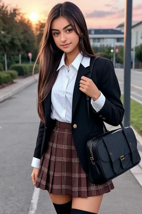beautiful woman (EP33sh4:.99), 1girl, ;3, absurdres, bag, black bag, black thighhighs, blazer, brown jacket, brown skirt, cowboy shot, hair ribbon, highres, jacket, lamppost, long hair, looking at viewer, miniskirt, plaid, plaid skirt, pleated skirt, red ribbon, ribbon, school bag, school uniform, skirt, solo, sunset, thighhighs, twintails, waving,