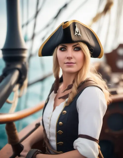 <lora:jsscn1gr1-000009:1>close up portrait photo of jsscn1gr1 woman , as a a pirate From Assassin's Creed Black Flag, on the deck of a ship, bokeh