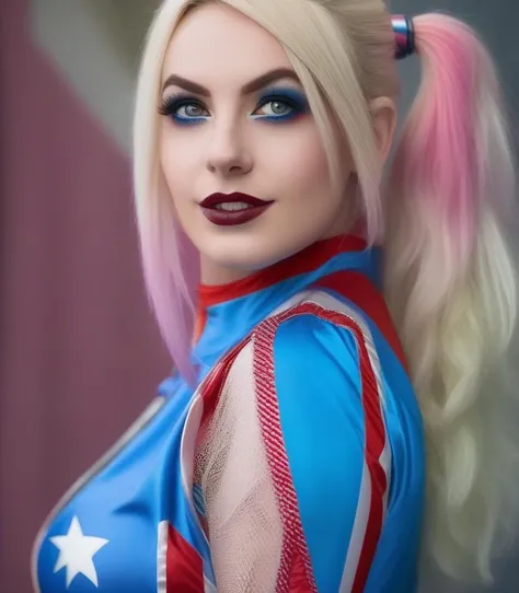 <lora:jsscn1gr1-000009:1>close up portrait photo of jsscn1gr1 as Harley Quinn (Movie Still) from Suicide Squad , (extremely intricate:1.3), (realistic), portrait of a girl, the most beautiful in the world, , colorful hair, pigtails, blue eyes, baseball bat, teeth, (detailed face, detailed eyes, clear skin, clear eyes), photorealistic, award winning, professional photograph of a stunning woman detailed, sharp focus, dramatic, award winning, cinematic lighting, volumetrics dtx