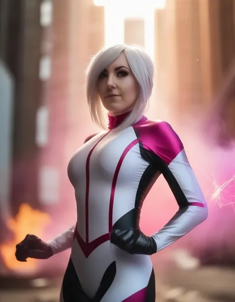 <lora:jsscn1gr1-000009:1> portrait photo of jsscn1gr1 ,cosplaying as Spider Gwen, background is an explosion and a battlefield, cinematic lighting