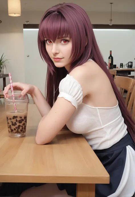 ((Highest quality, 8k, masterpiece :1.3)), (Sharp focus :1.2, Beautiful woman with perfect figure :1.4, Slim Abs), ((Big Breasts, Emphasize cleavage:1.2)), (Photorealistic:1.4), (realistic:1.4), (Pink Hair:1.5), Highly detailed face and skin texture, Fine grain, double eyelid. Makeup face, A little bit of lipstick, sex appeal, Sexy gravure pose, ((Red cardigan and black skirt、The background is a cafe、A high school girl smiling while holding a cup、watch。:1.3)