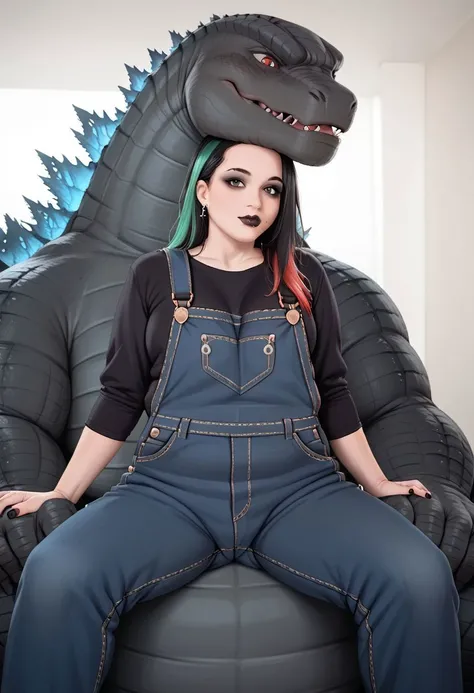 (((Godzilla))), with 1girl riding on it's head, ((mixxxed)) a multicolored hair girl sitting on head of Godzilla, size difference, wearing overalls with a goth vibe, cinematic shot, best quality, HD, 8K, hyper detailed, film