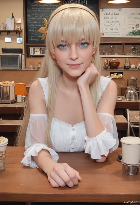 Blonde woman smiling with blue eyes drinking coffee in a café, Photorealistic anime girl render, Coffee shop mystery girl, Realistic 3D anime style, Beautiful seductive anime woman, Real life anime girl, 3D anime girl rendering, 3D realistic anime, Guweiz style artwork, April Render, Photorealistic Anime, Hyperrealistic Anime --auto --s2