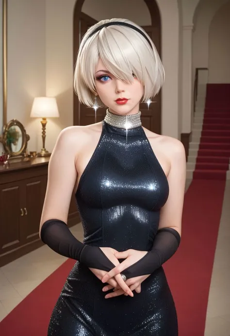 (score_9, score_8_up, score_7_up), 1girl, 2b \(nier:automata\), nier:automata, hair over one eye, one eye covered, long sequin gown, turtleneck, high collar, sleeveless, bare shoulders, black gown, diamonds, shiny clothes, glitter fabric, glitter hairband, cowboy shot,
lipstick, long eyelashes, eyeshadow, eyeliner, mascara, makeup,
indoors, ballroom, diamond choker, diamond earrings, bridal gauntlets, (heels:0.3), solo