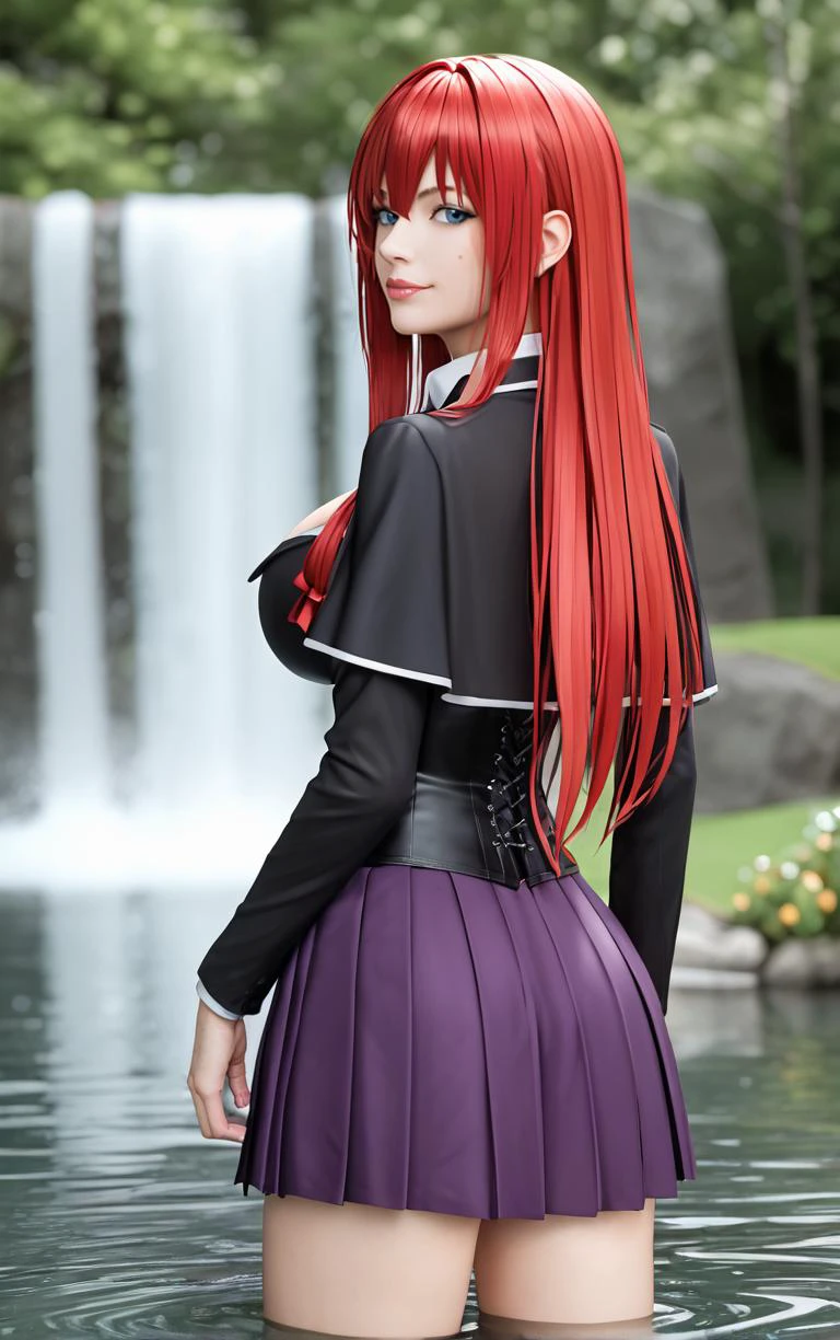 ((masterpiece, best quality)), insaneres, absurdres, solo, looking at viewer,
ANIME_DxD_Rias_Gremory_ownwaifu,
1girl, bangs, long hair, red hair, breasts, large breasts, rias gremory, blue eyes, hair between eyes, very long hair, collarbone, hair intakes, hair over breasts,
black capelet, black corset, collared shirt, kuoh academy school uniform, layered skirt, underbust, school uniform, skirt, shirt, long sleeves, purple skirt, ribbon, miniskirt, neck ribbon, thighhighs, black ribbon,
(wading, looking back), waterfall, <lora:ANIME_DxD_Rias_Gremory_ownwaifu:0.75>,
depth of field, vanishing point, garden, sidelighting,