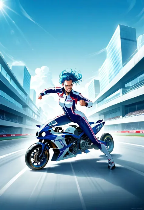 score_9, score_8_up, score_7_up, no accessories, sketch, academy themed art, determined student with long blue hair in dynamic action pose, racing suit, focused expression, teeth gritted, pushing the limits of her high-speed motorcycle, futuristic cityscape blurring in the background, sunlight glinting off buildings, academy emblem displayed prominently, official art, dynamic action style, high-speed pursuit