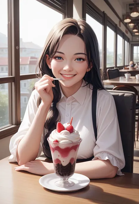 score_9, score_8_up, score_7_up,CONCEPT_PovDating_ownwaifu, mulan, 1girl, cup, smile, window, looking at viewer, indoors, pov across table, cafe, sitting, parfait, food, ice cream, upper body, chair, saucer, pov dating,