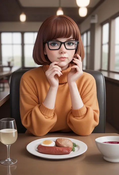 score_9, score_8_up, score_7_up, CONCEPT_PovDating_ownwaifu, velma dinkley from the tv show scooby doo , 1girl, food, plate, looking at viewer, drinking glass, cup, phone, table, indoors, sitting, restaurant, wine glass, smartphone, chair, blurry, meat, pov across table, pov dating